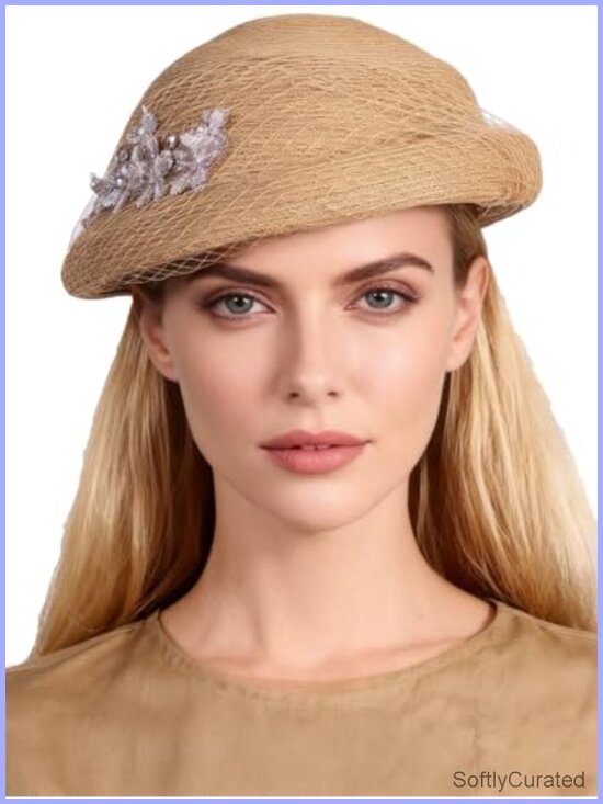 Elegant Straw Fascinator Hat with Veil Derby Beret for Wedding Party Church main image 5